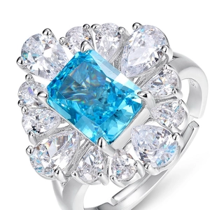 Luxurious S925 silver open ring featuring a large octagonal blue gemstone and clear crystals