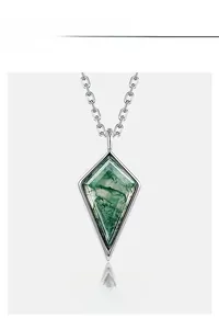 Kite-cut green moss agate pendant with S925 sterling silver chain on white background