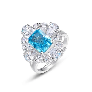 Luxury S925 silver open ring with octagonal sky blue gemstone and halo of high-carbon diamonds