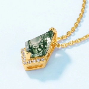 Pendentif géométrique en agate mousse et argent S925 avec zircons scintillants