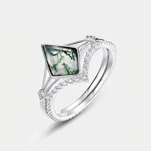 925 Sterling Silver Moss Agate Kite Shaped Green Gemstone V Shaped Rhinestone Stackable Finger Rings For Women Fine Jewelry