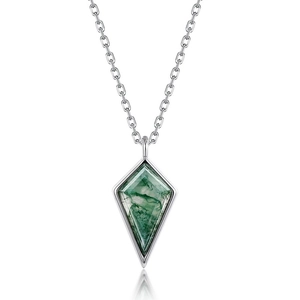 Kite-shaped natural moss agate necklace with S925 sterling silver chain and geometric pendant