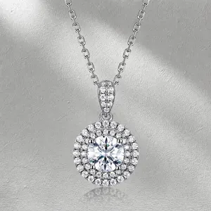 Colgante de Plata de Ley 925 Moissanita para Mujer Brillante Doble Halo Redondo Piedra Preciosa Joyería Colgante Solo Sin Cadena