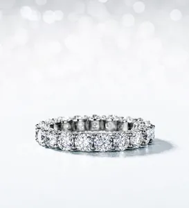 Macro view of sterling silver moissanite eternity ring with prong setting detail