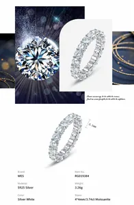 Macro detail of S925 silver moissanite eternity ring showing prong setting and dimensions