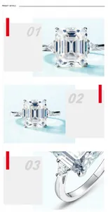 Macro shot of S925 silver ring featuring emerald cut moissanite and side stones