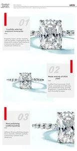 Vue macro de la bague moissanite taille coussin avec anneau en argent S925 et pierres latérales