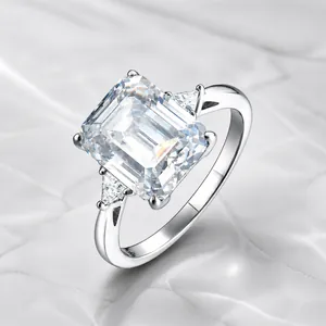 925 Sterling Silver Emerald Cut Moissanite Ring For Women Three Stone Engagement Wedding Ring With GRA Certificate