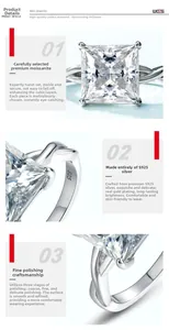 Dettagli ravvicinati dell'anello in argento 925 con moissanite taglio princess