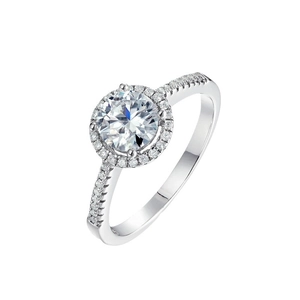 Classic S925 sterling silver halo ring with a round cut moissanite and pave accents