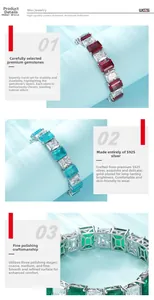 Macro detail of S925 silver bracelet with emerald-cut colored gemstones and pavé diamonds