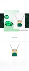 Detailed view of perfume bottle pendant necklace with 7x9mm emerald and gold bow