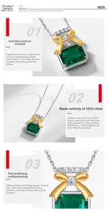 Detail of S925 silver bow pendant featuring a square-cut green emerald gemstone