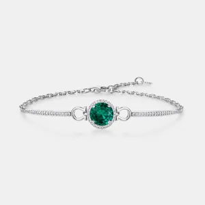 Pulsera de Plata de Ley 925 Esmeralda Creada en Laboratorio Para Mujer Piedra Verde Redonda Eslabón de Herradura Incrustado de Strass Joyería Lujo