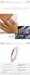 Vue détaillée de zircons carrés colorés de 2mm sertis sur un anneau en argent S925