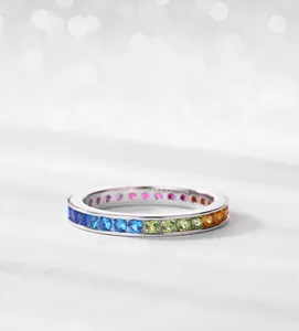 Macro shot of S925 sterling silver eternity ring featuring gradient rainbow cubic zirconia