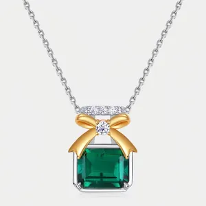925 Sterling Silver Lab-Created Emerald Perfume Bottle Pendant Necklace French Elegant Bowknot Design Rhinestone Necklace