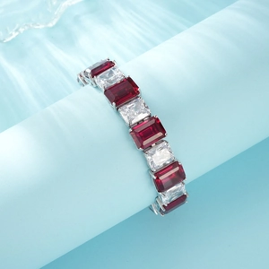 Luxurious S925 silver bracelet with alternating red and white rectangular gemstones