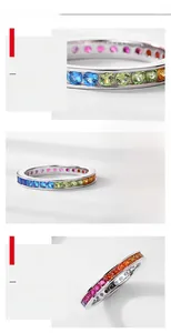 Detailed macro view of S925 sterling silver rainbow ring with colorful zircon inlay
