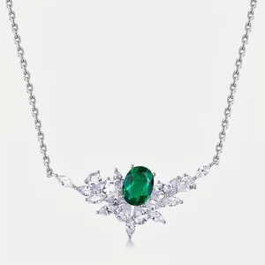 925 Sterling Silver Lab-Created Emerald Pendant Necklace Oval Artificial Ruby Sapphire Rhinestone Cluster Jewelry For Women
