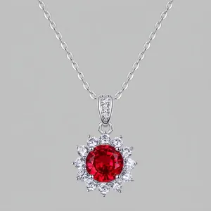 S925 Sterling Silver Sunflower Pendant Necklace For Women Lab-Created Ruby Emerald Moissanite Round Zirconia Inlaid Jewelry