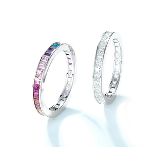 Bague d'Éternité Arc-en-Ciel en Argent Sterling 925 de Luxe pour Femme Zirconia Coloré Incrusté Anneau Géométrique Minimaliste Bijoux