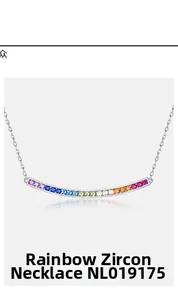 Detailed view of S925 sterling silver necklace with curved rainbow zirconia stones