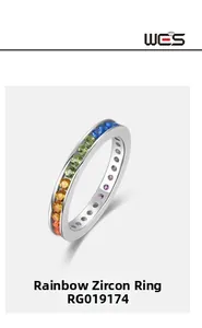 Macro shot of S925 silver ring featuring vibrant rainbow cubic zirconia inlay stones