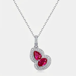 New Chinese Style 925 Sterling Silver Gourd Pendant Necklace For Women Synthetic Ruby Rhinestone Inlaid Fashion Jewelry Gift