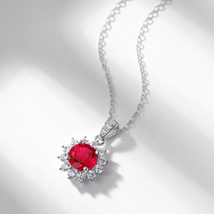 Sunflower lab-grown ruby pendant necklace in S925 sterling silver with halo diamonds