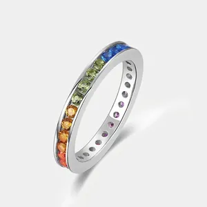 S925 Sterling Silver Rainbow Zirconia Eternity Ring For Women Thick White Gold Plated Colorful Multi Color Inlaid Wedding Band Fashion Jewelry