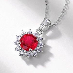 Luxurious S925 silver sunflower necklace with red lab ruby and zircon accents