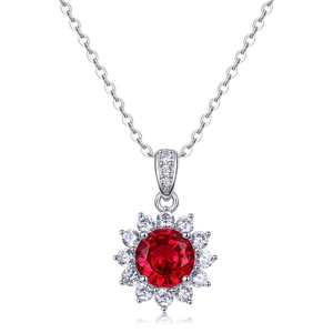 Luxurious S925 silver sunflower necklace with a large red ruby pendant and sparkling zircons