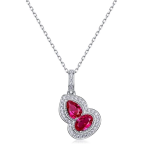 S925 silver gourd necklace with red gemstones and sparkling zircon pavé on white background