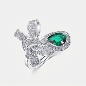 925 Sterling Silver Bowknot Ring Lab Grown Emerald Pear Cut Rhinestone Adjustable Open Ring Fashion Jewelry Gift For Women