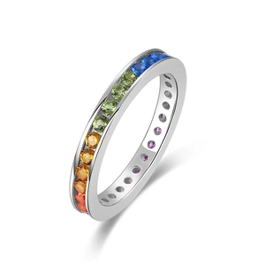 Elegant 925 sterling silver rainbow eternity ring with channel-set colorful zircons