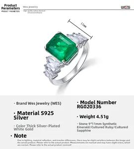 Macro view of S925 silver ring with 9x11mm radiant cut emerald and side stones
