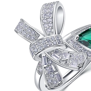 Bowknot bow sterling silver ring with emerald pear cut gemstone and clear zircon stones