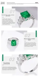 Detailed close-up of emerald-cut lab emerald stone and S925 sterling silver engraving