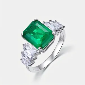 Vintage 925 Sterling Silver Lab Grown Emerald Ring For Women Emerald Cut Zirconia Ruby Sapphire Adjustable Finger Ring
