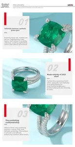 Macro detail of square-cut emerald green gemstone set in polished S925 sterling silver