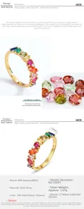 Macro detail of S925 sterling silver ring with 10K gold plating and colorful zircon stones