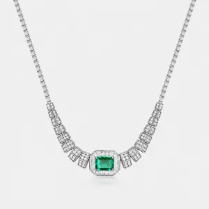Collier Pendentif en Argent Sterling 925 Émeraude de Laboratoire Élégant Chaîne Vénitienne Incrustée de Zirconia Bijoux de Luxe Femme
