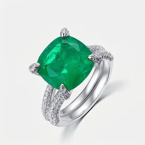 Vintage 925 Sterling Silver Large Square Emerald Green Cubic Zirconia Ring Luxury Statement Finger Ring For Women Jewelry