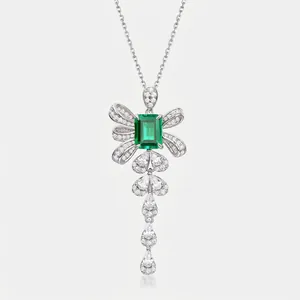 Luxury 925 Sterling Silver Lab-Grown Emerald Bowknot Tassel Necklace Rhinestone Bow Clavicle Chain Jewelry For Women Gift