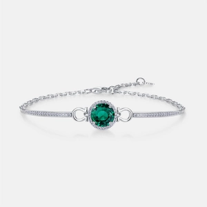 Pulsera de plata S925 con esmeralda redonda cultivada y halo de piedras blancas brillantes