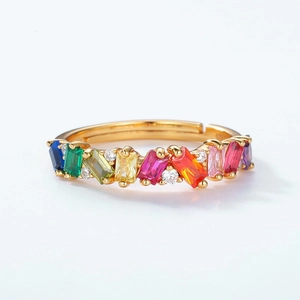 S925 Sterling Silver 10K Gold Plated Rainbow Zirconia Open Ring Minimalist Geometric Adjustable Finger Ring Women Jewelry