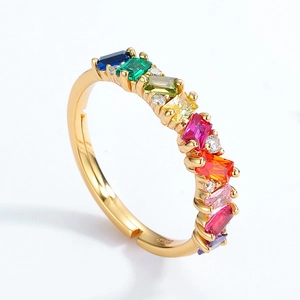 S925 silver 10K gold plated ring with rainbow cubic zirconia and adjustable band