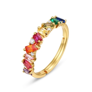 S925 sterling silver ring with 10K gold plating and rainbow baguette cubic zirconia