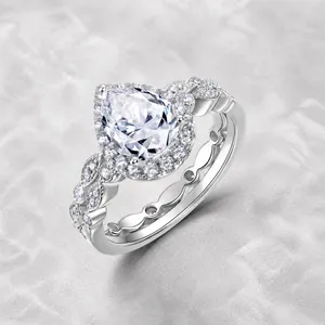Luxurious 925 Sterling Silver Pear Cut Moissanite Ring With Halo Setting Twisted Band White Gold Plated Engagement Ring For Women